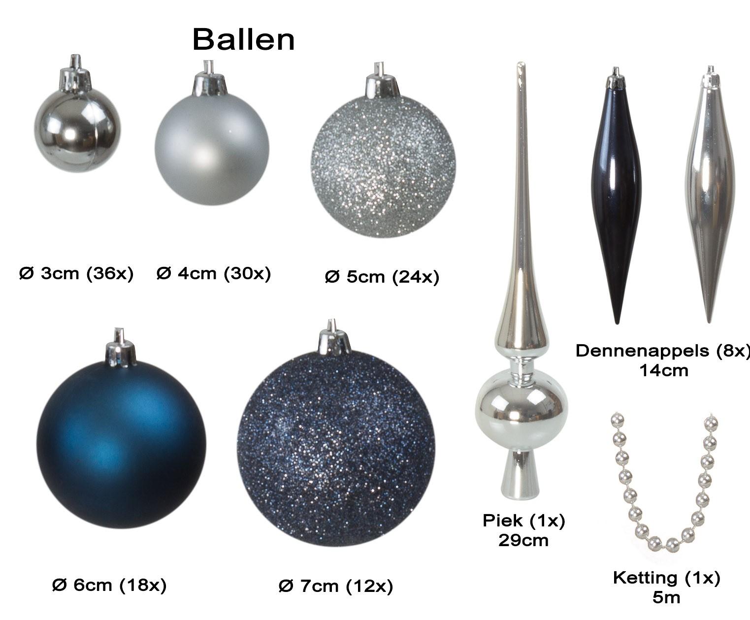 4seasonz® Kunststof Kerstballen set 130 ballen, piek en snoer Zilver/Blauw