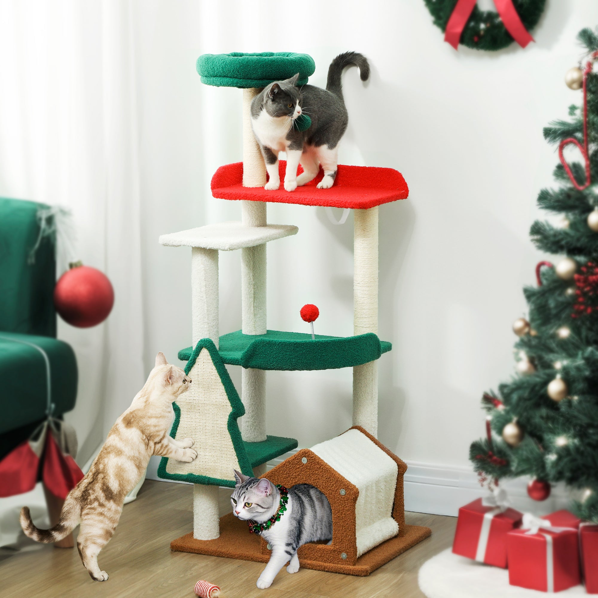 4goodz Katten Krabpaal in Kerst sfeer met kattenhuis springplatforms