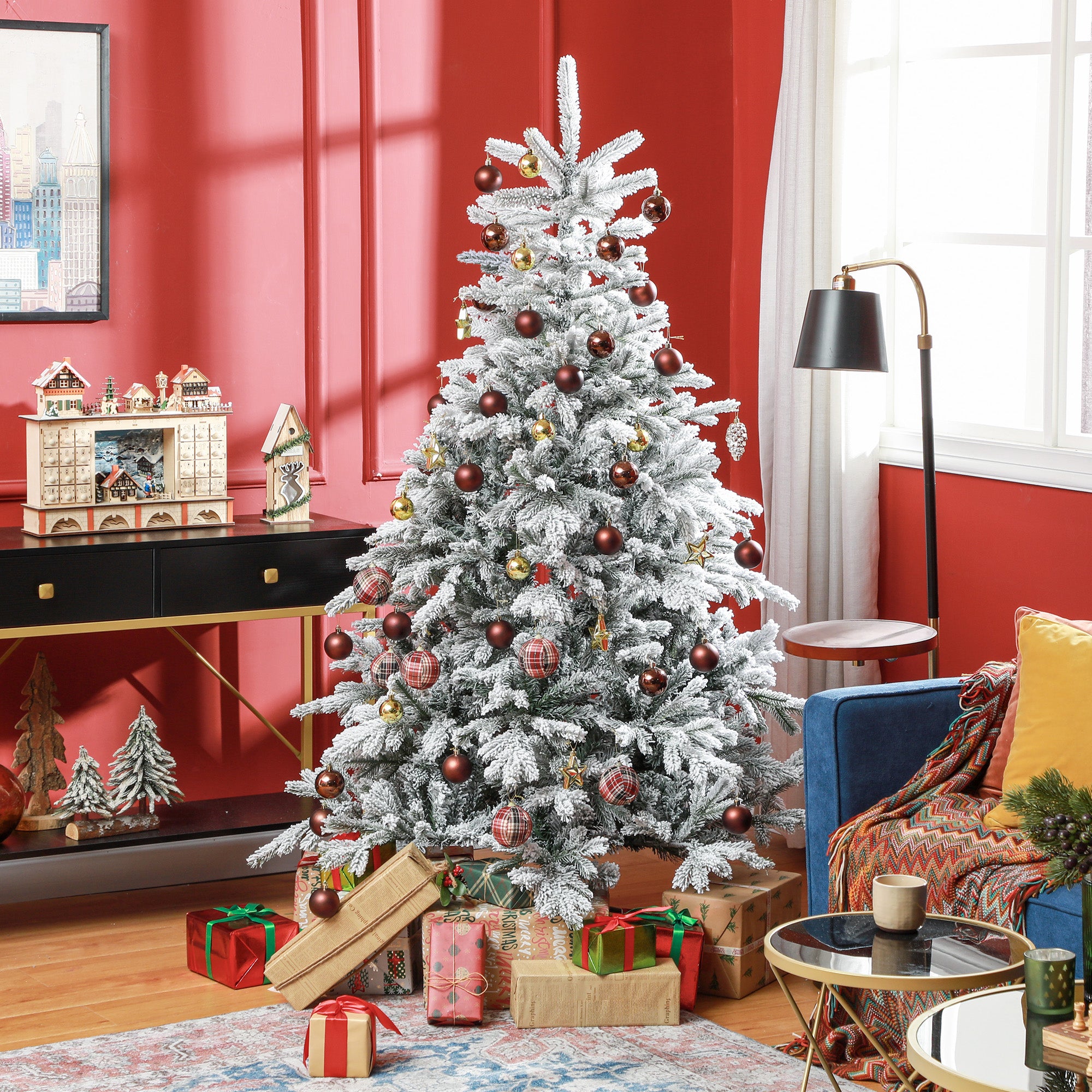 Homcom Kerstboom met kunstsneeuw 180cm met Voet - Wit/Groen