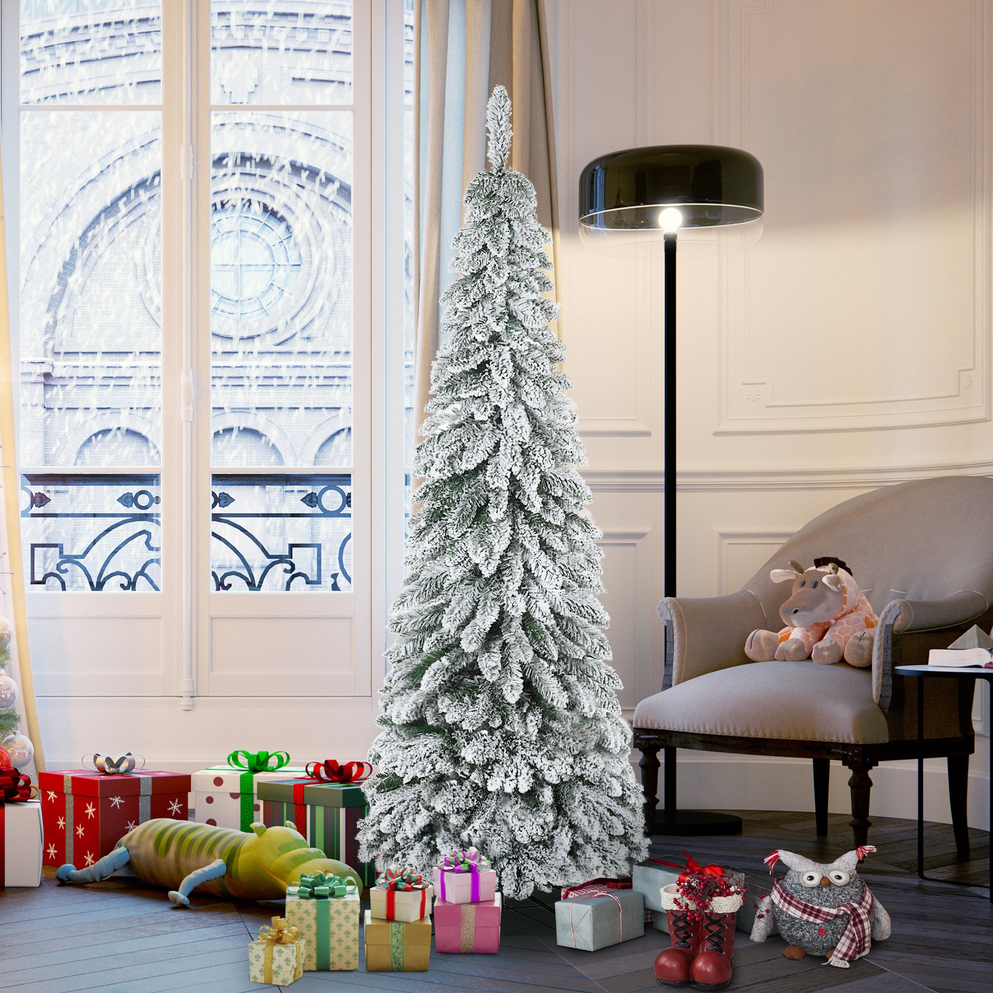Homcom Kunstkerstboom Smal met Sneeuw - 180 cm - Ø74 cm