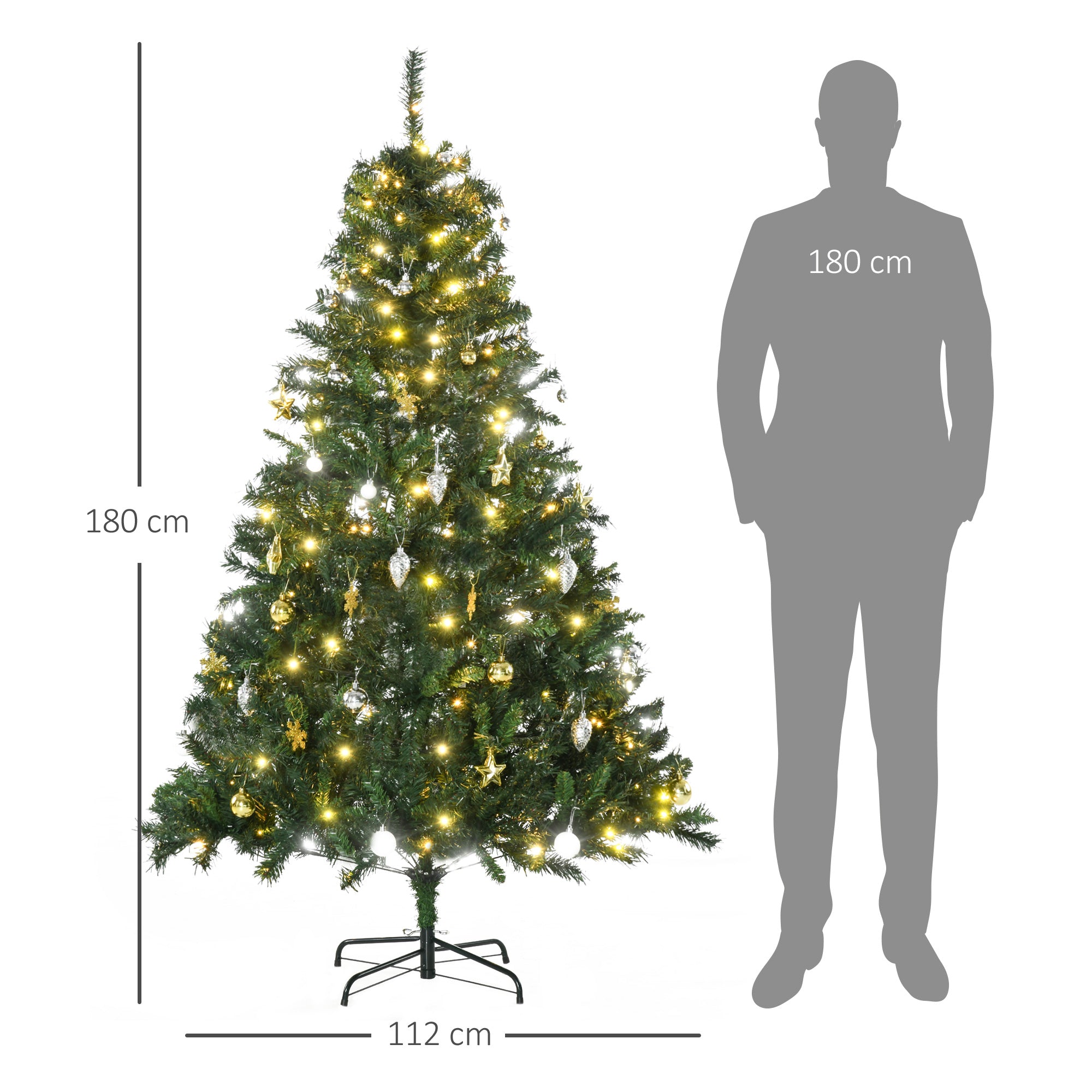 Homcom Kunstkerstboom 180 cm Kunstkerstboom met LED-verlichting, Ballen, Kerstboom met 745 Tips, Kerstdecoratie incl. metalen standaard voor binnen