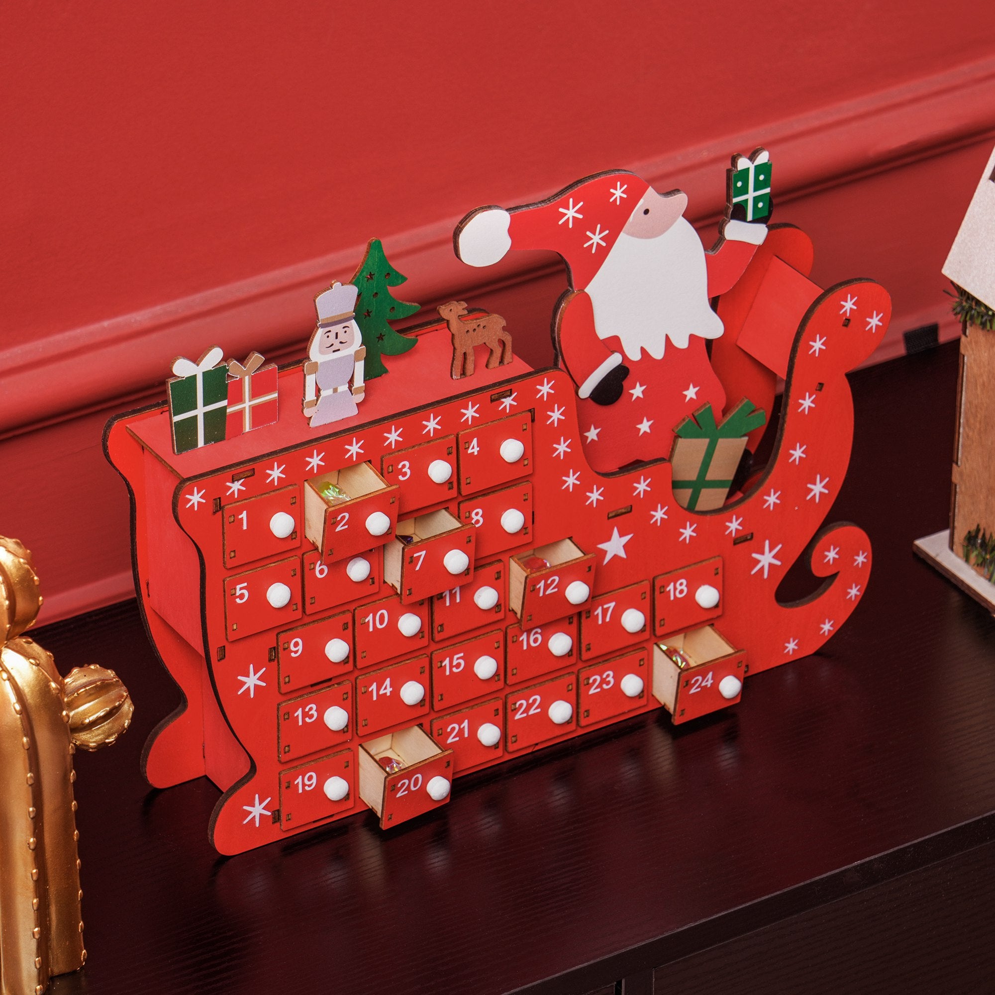 Homcom Adventskalender Kerstman met Slee - 24 laden - Herbruikbaar -22x8x36 cm - Rood