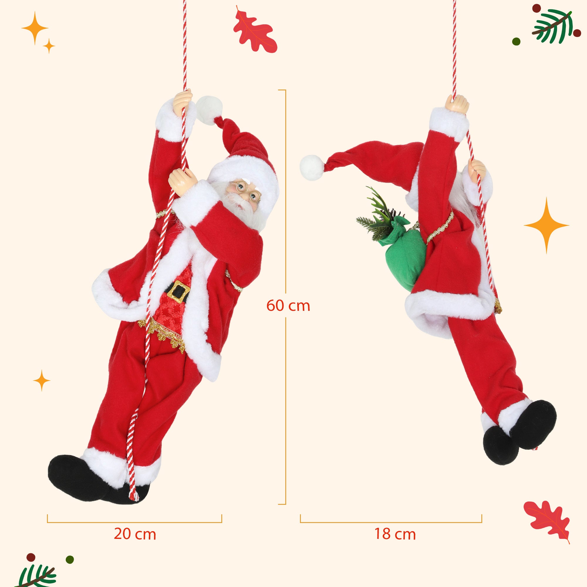 Homcom Zingende en Klimmende Kerstman met Touw - Geluidsfunctie - Binnengebruik