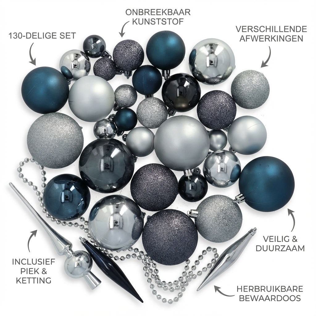 4seasonz® Kerstballen set 130 Kunststof - Ballen, Piek en snoer - Zilver/Blauw