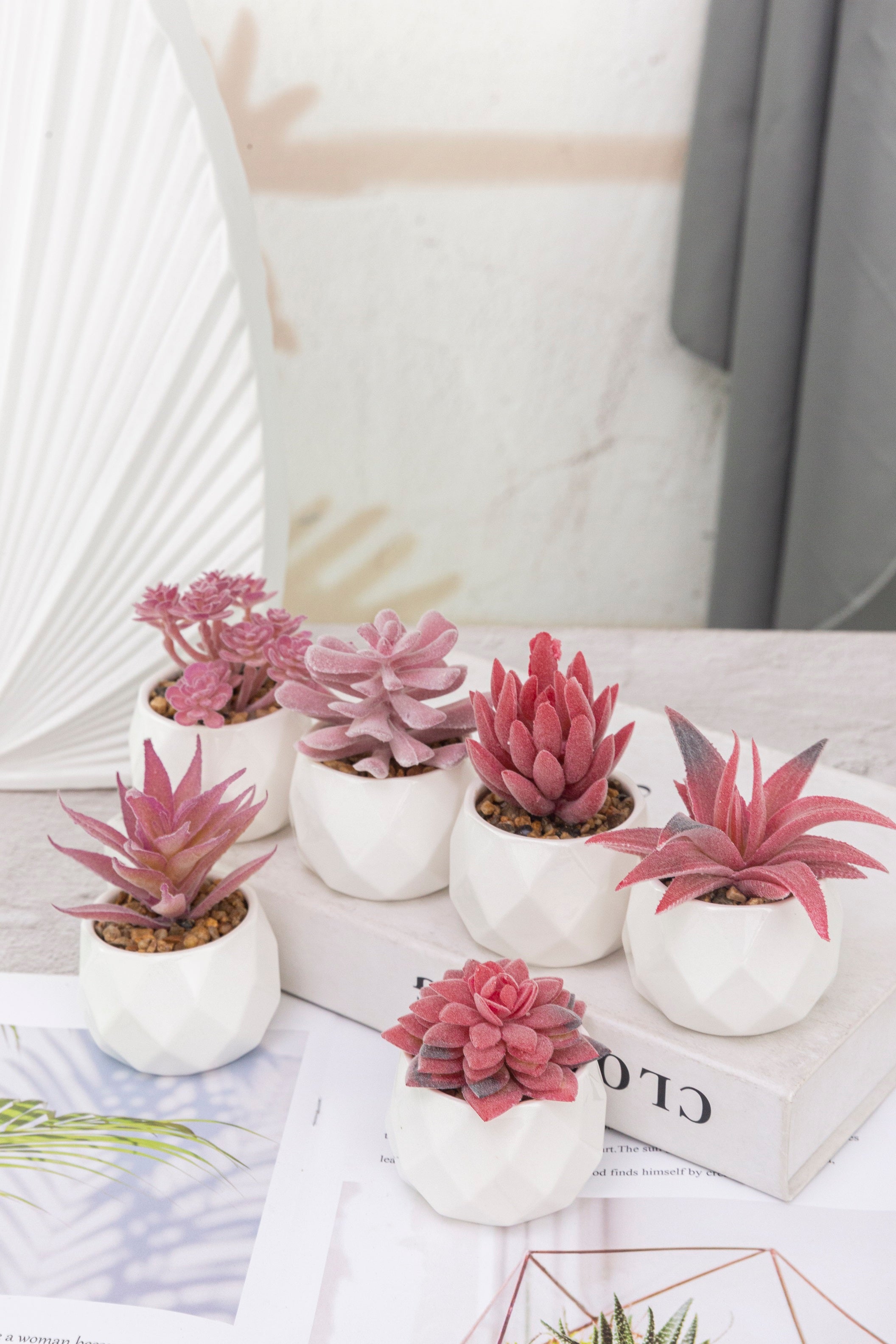Greendream® Mini Kunstplantjes Set 6 stuks in Keramiek Potje - 6 Stuks Vetplanten - Roze