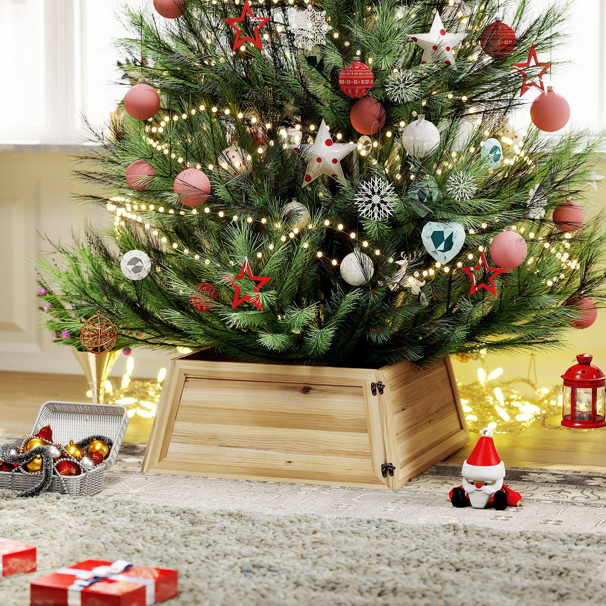 Homcom Kerstboomrok 65 x 65 cm - Kerstboommand van vurenhout - Bruin