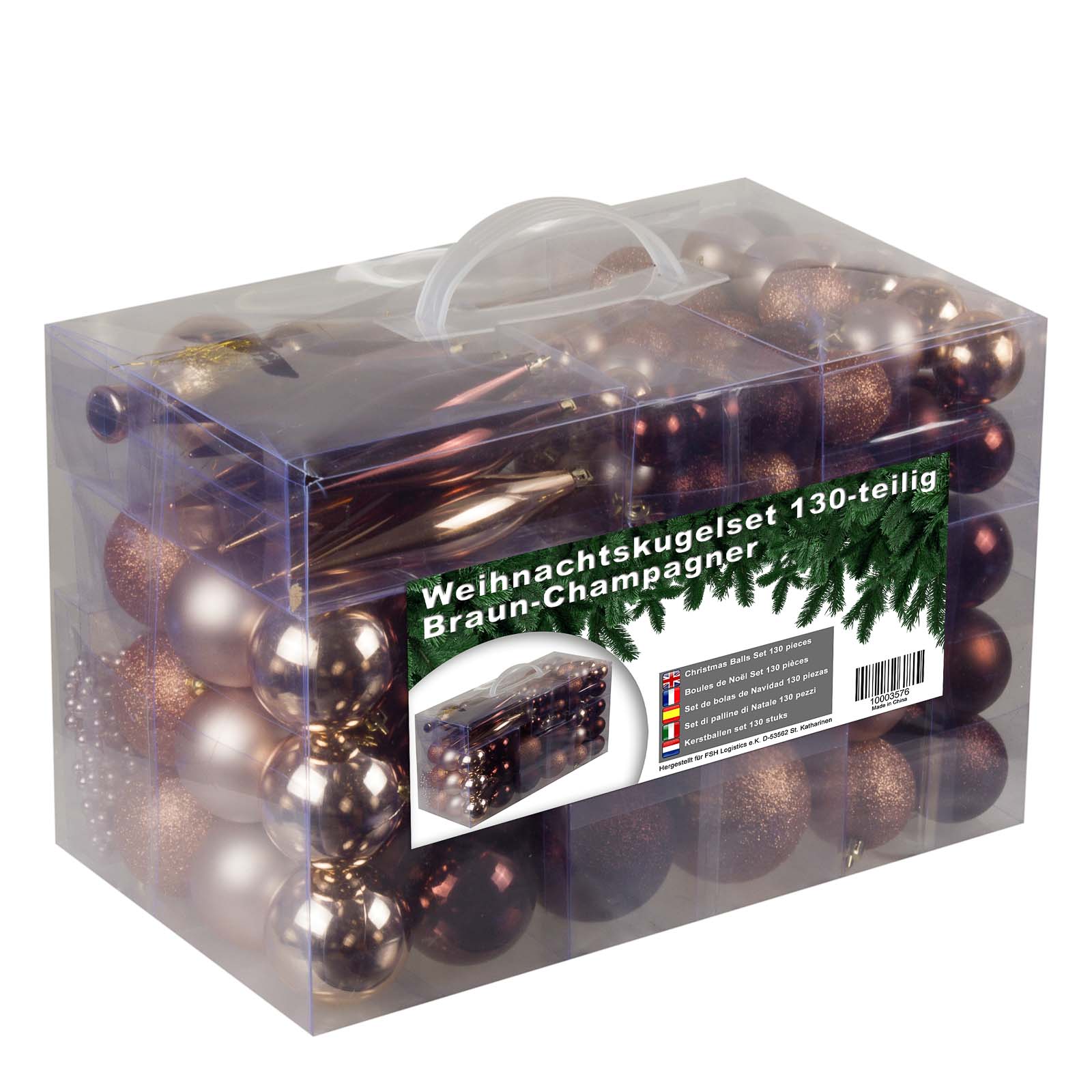 4seasonz® Kunststof Kerstballen set 130 ballen, piek, parelsnoer Champagne/Bruin