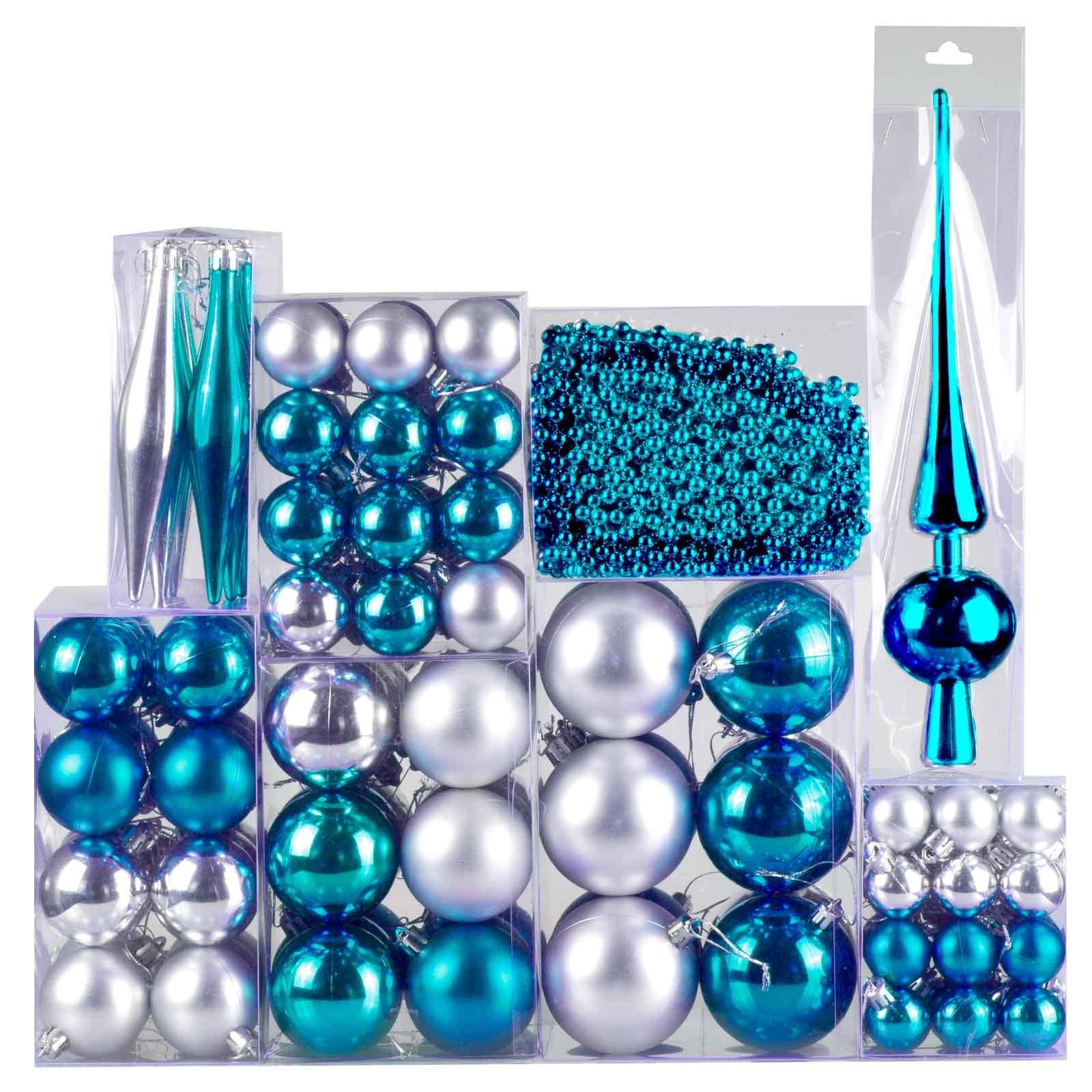 4seasonz® Kerstballen set 130 ballen - Kunststof piek en parelsnoer - Blauw/Zilver