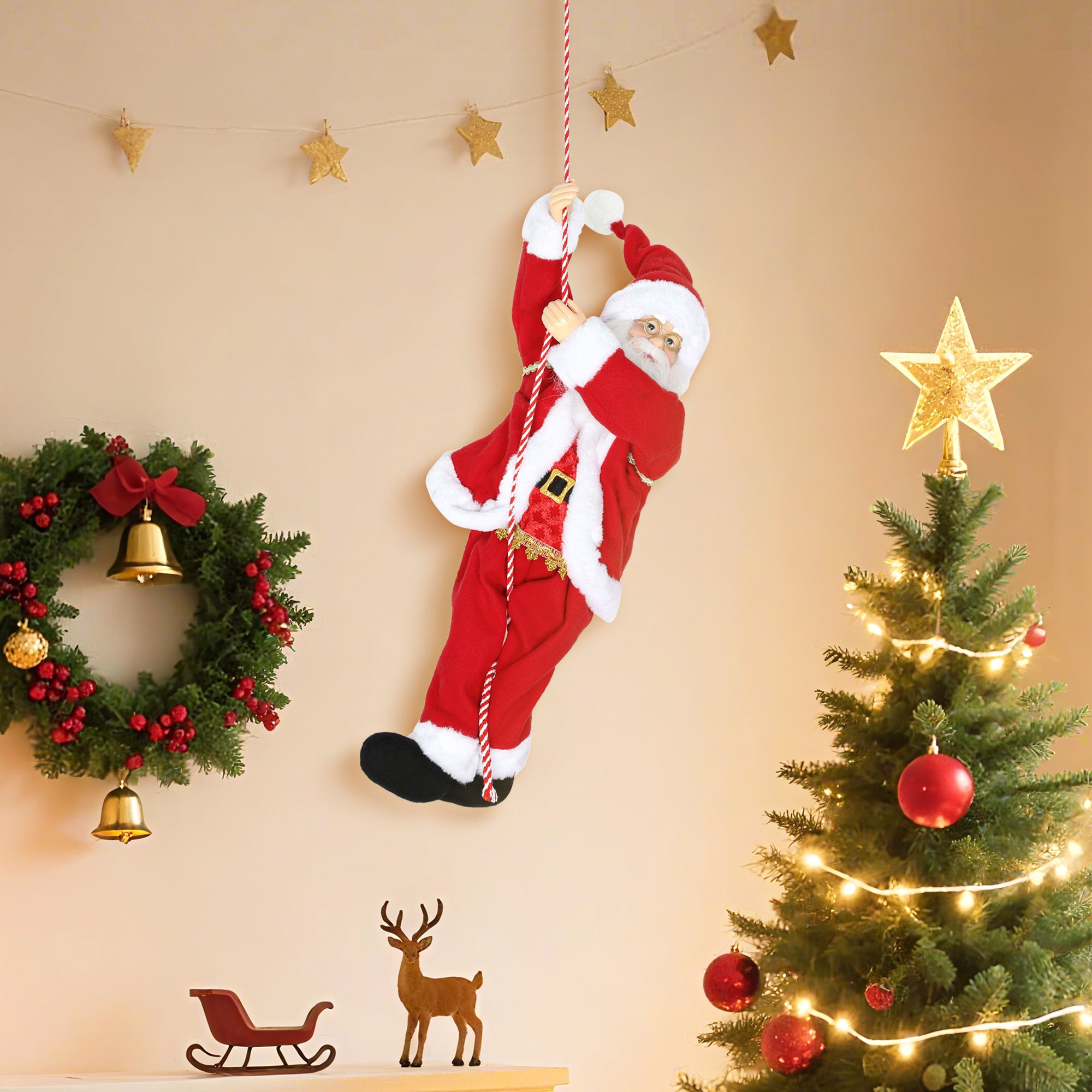 4goodz Zingende en Klimmende Kerstman met Touw - Geluidsfunctie - Binnengebruik