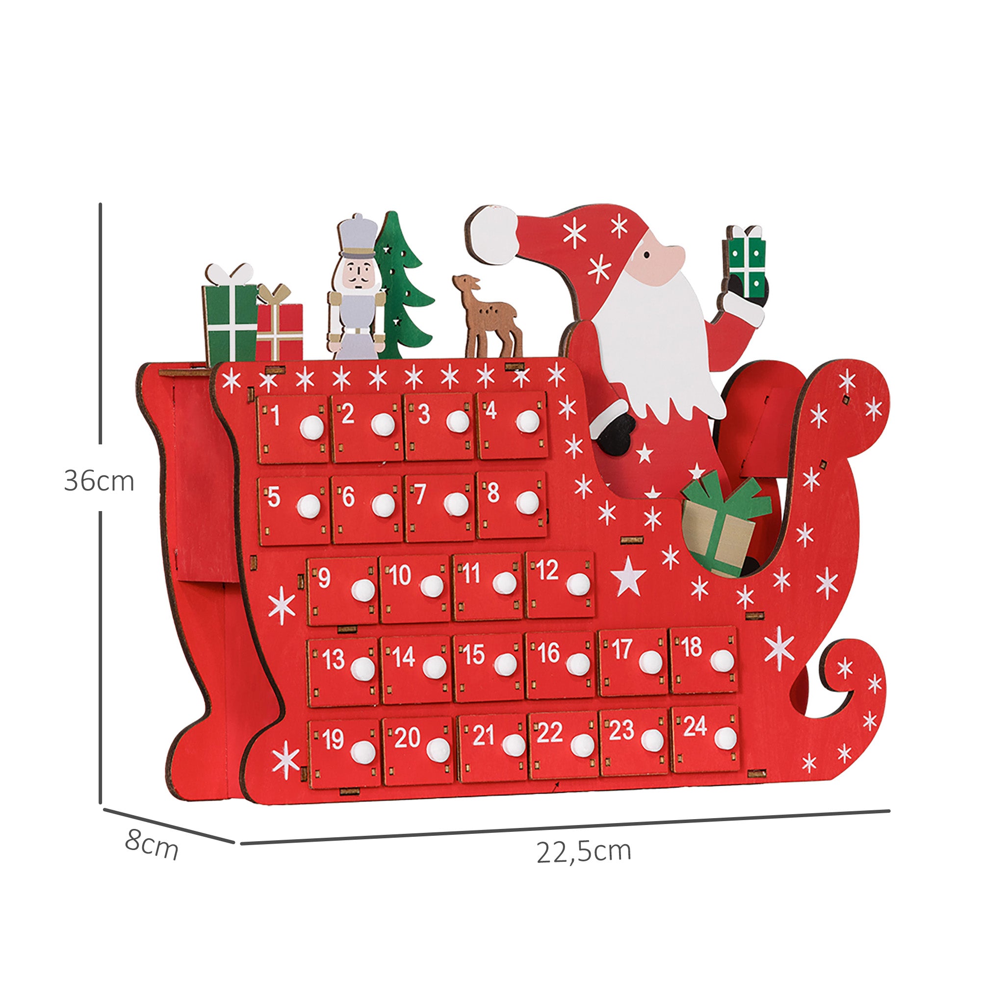 Homcom Adventskalender Kerstman met Slee - 24 laden - Herbruikbaar -22x8x36 cm - Rood