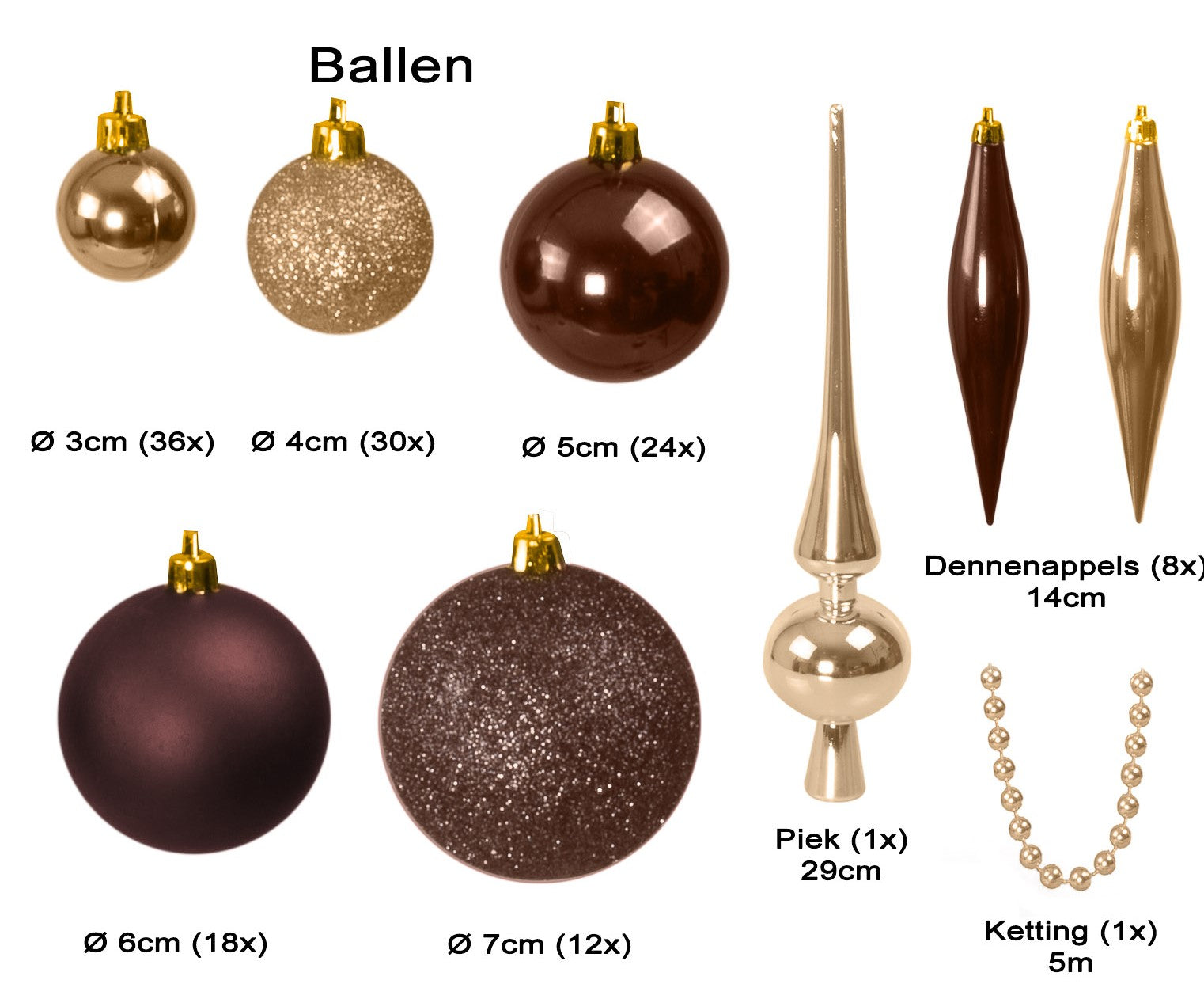 4seasonz® Kerstballen set 130 Kunststof - Ballen Piek en Parelsnoer Bruin