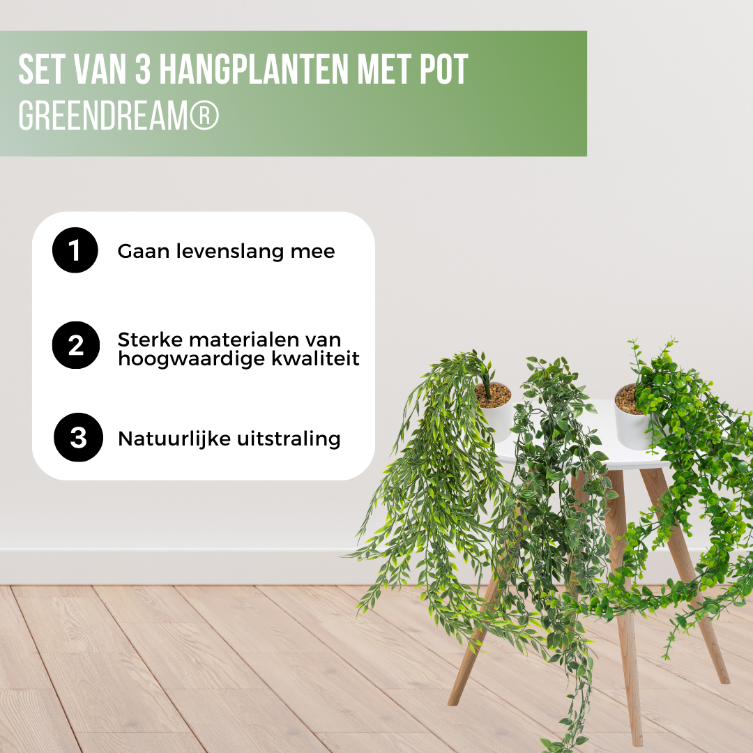GreenDream® 3 Verschillende Hangplanten Kunstplanten in Pot - decoratief - Cadeautip - Groen