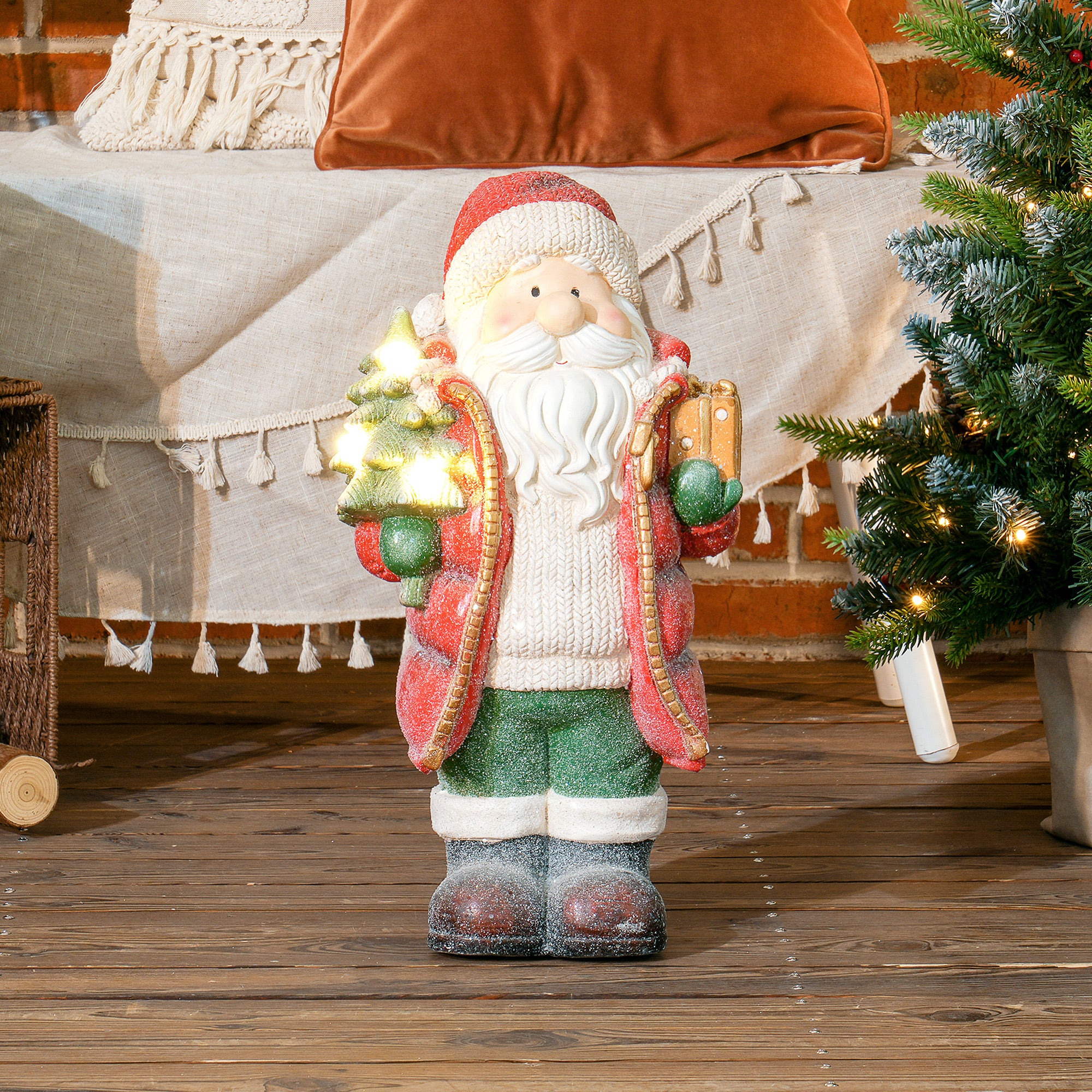Homcom Kerstman beeldje 50 cm met boom en cadeau- 3 warm witte LED's werkt op batterijen