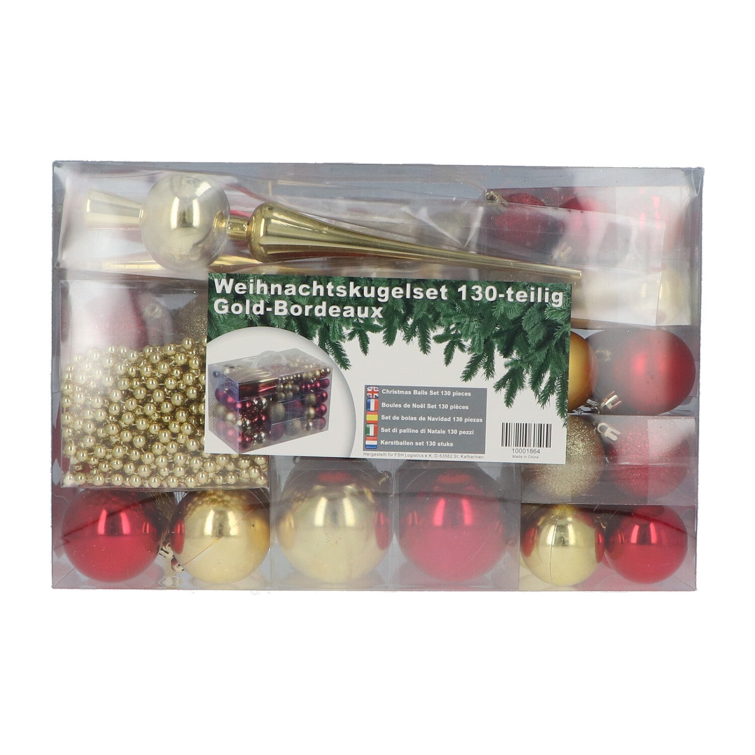 4seasonz® Kerstballen Set 130 Ballen met Piek & Slinger - Goud-Bordeaux