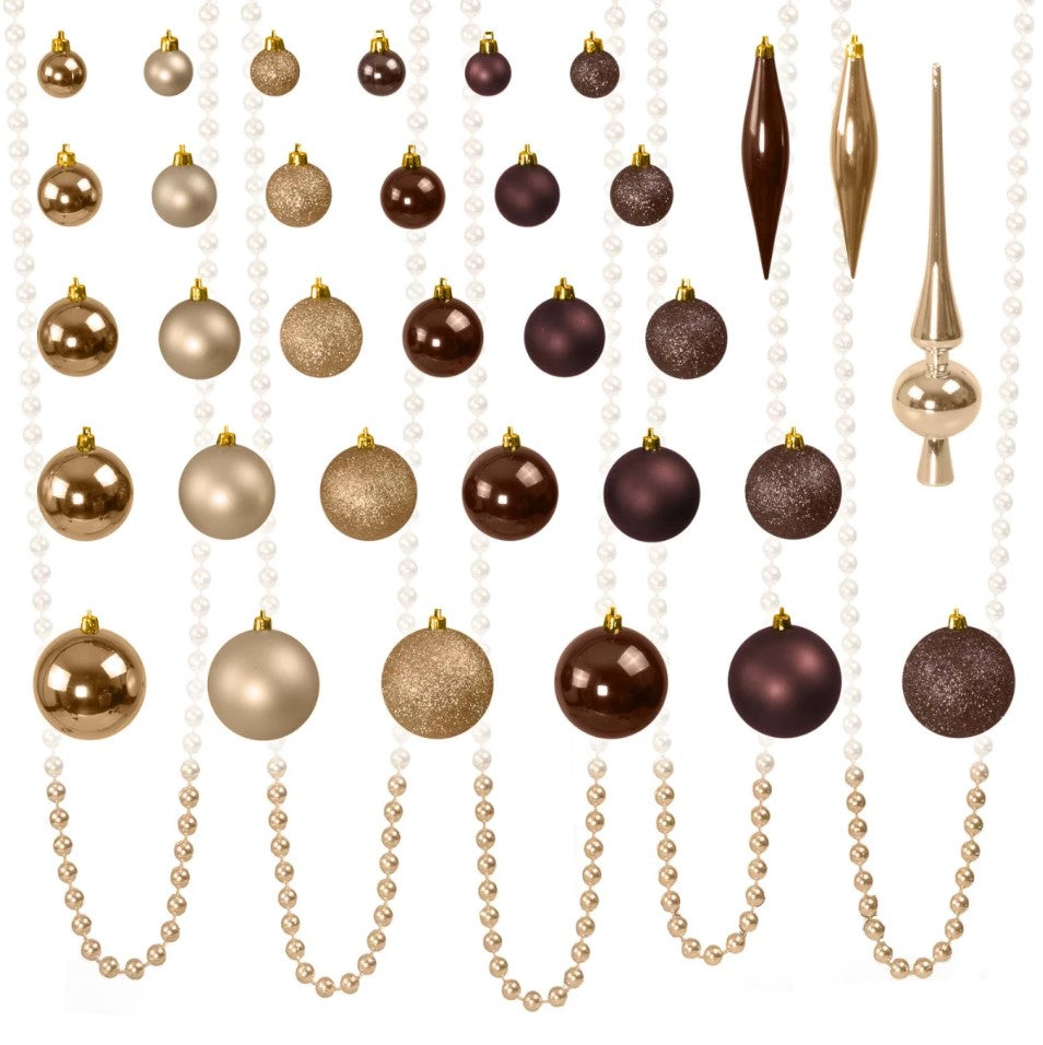 4seasonz® Kerstballen set 130 Kunststof - Ballen Piek en Parelsnoer Bruin