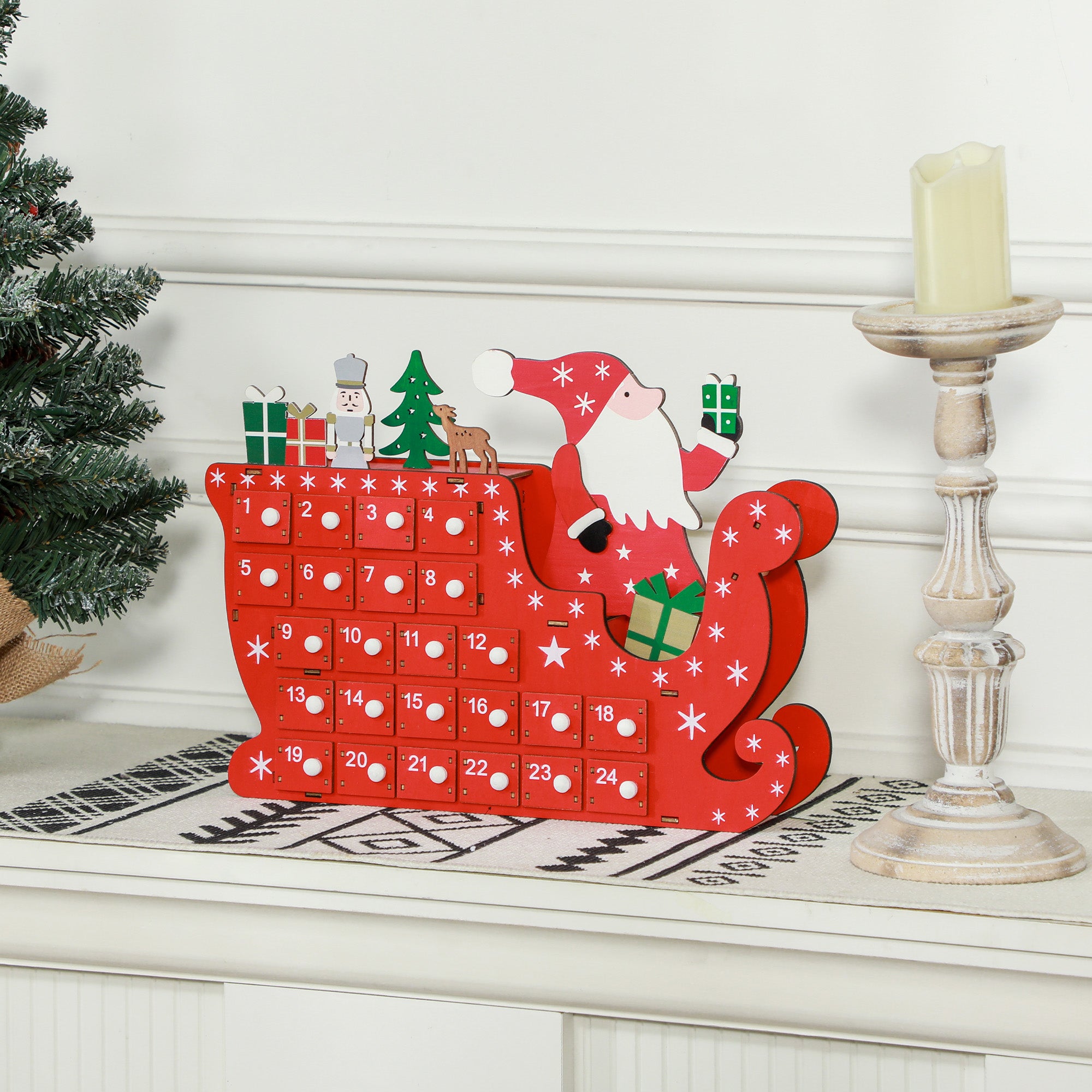 Homcom Adventskalender Kerstman met Slee - 24 laden - Herbruikbaar -22x8x36 cm - Rood