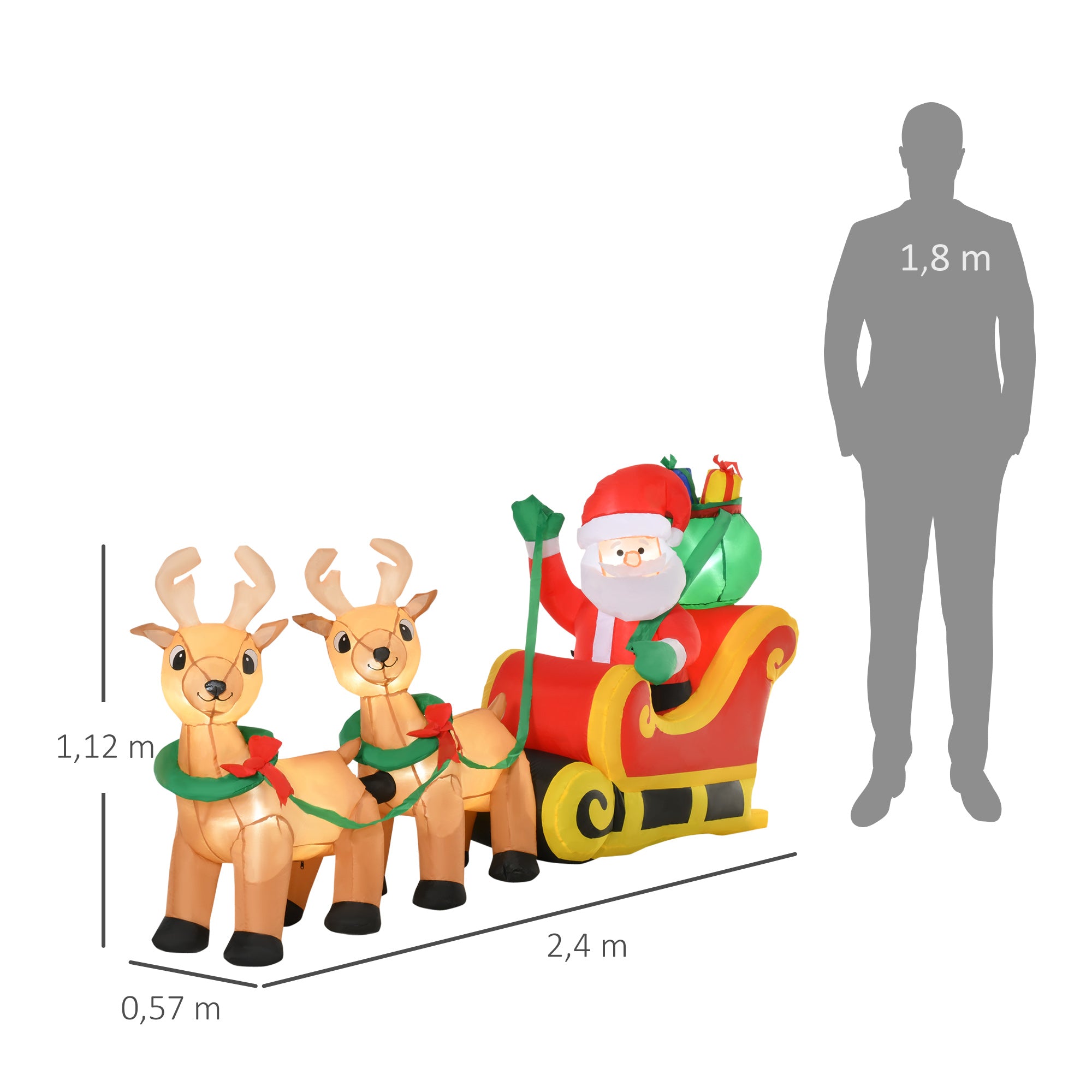 Homcom Opblaasbare Kerstman met Slee met 6 LED-lampjes - Waterdicht 240 cm