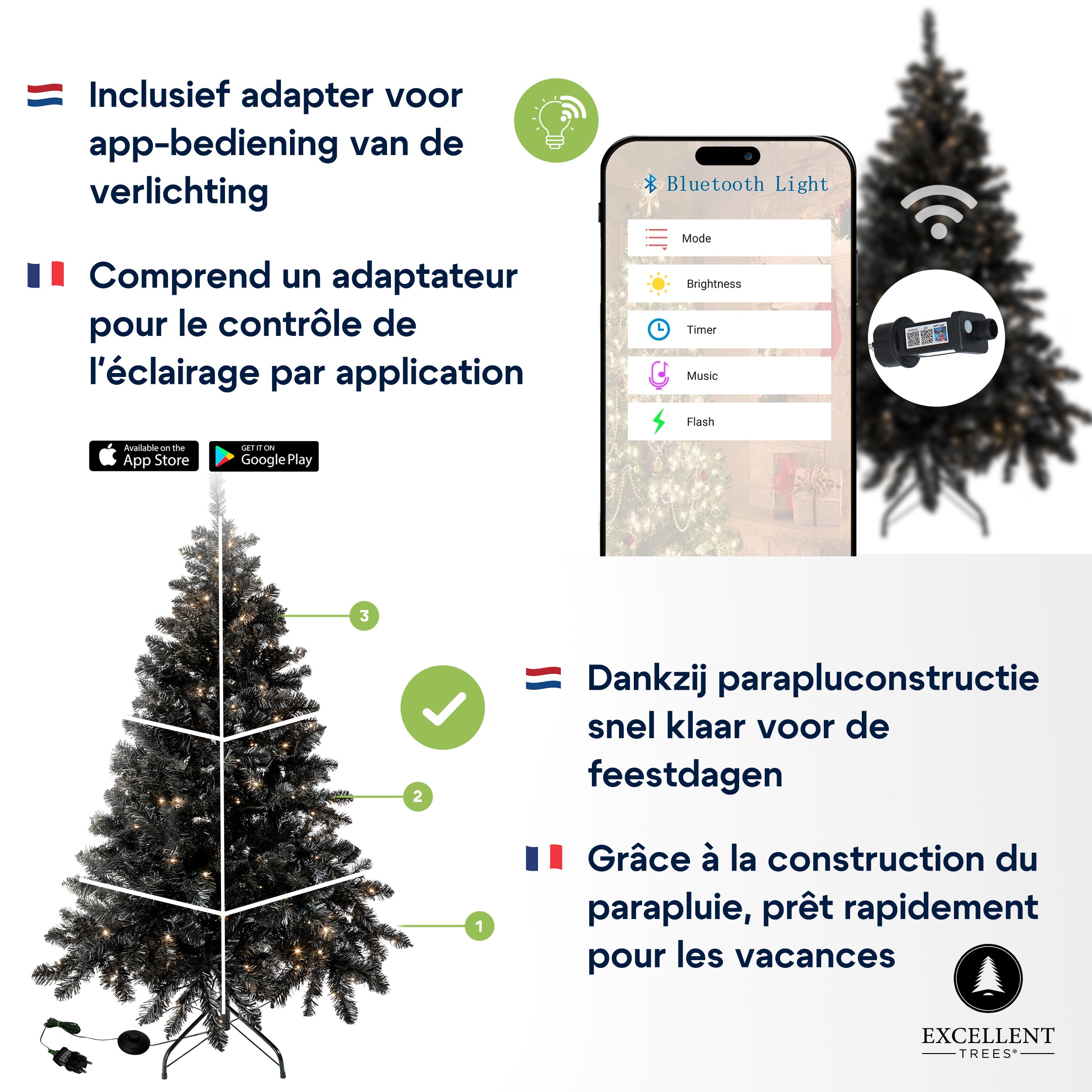 Excellent Trees® Kerstboom Stavanger Black 180 cm - Zwarte Kerstboom met 350 LED Verlichting - ⌀110cm - 180cm
